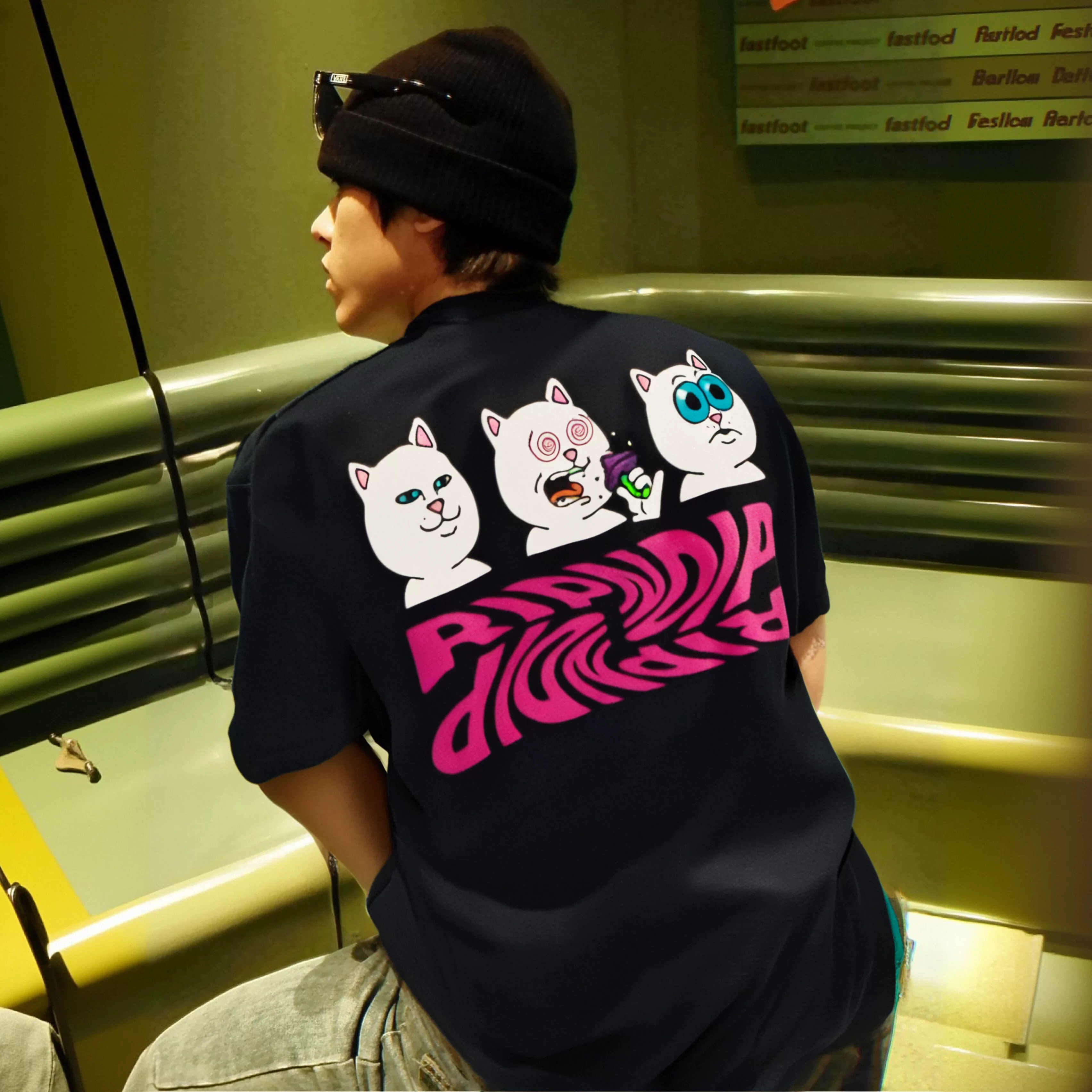 Американский модный бренд RIPNDIP SHROOM DIET маленький кот вес снижения короткий рукав, круглый вырез, печатный топ пара
