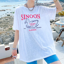 Summer Big Code Womens Dress Short Sleeve T-shirt Woman Fat Mm Micro Overdraft Hollowed-out Cartoon Printed Sunscreen Lady Seaside Loose Thin