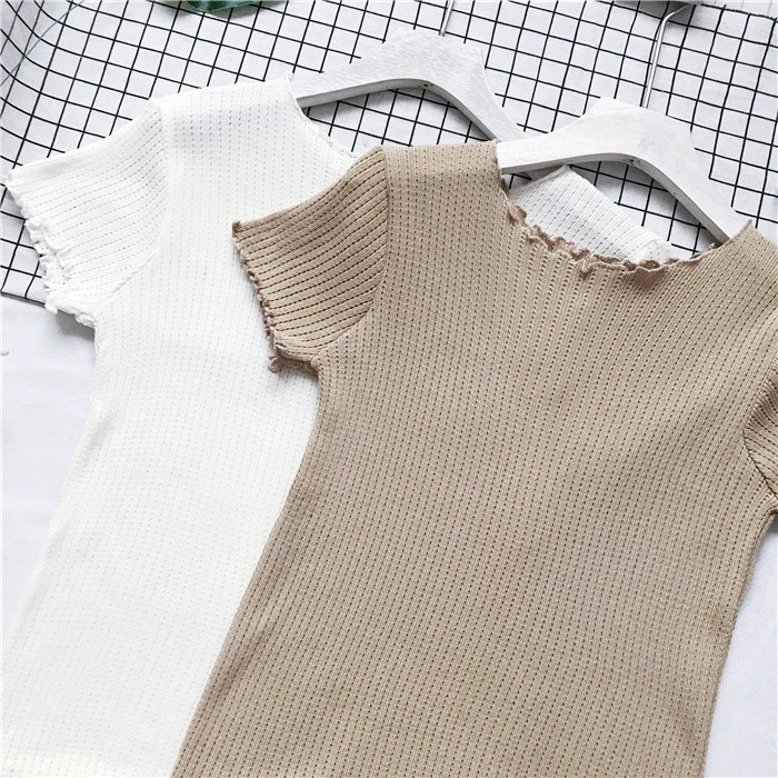 2018 mùa hè mới màu rắn bằng gỗ tai mỏng giảm béo vòng cổ ngắn- tay t- shirt breathable áo len phụ nữ cơ sở áo áo len nữ form rộng