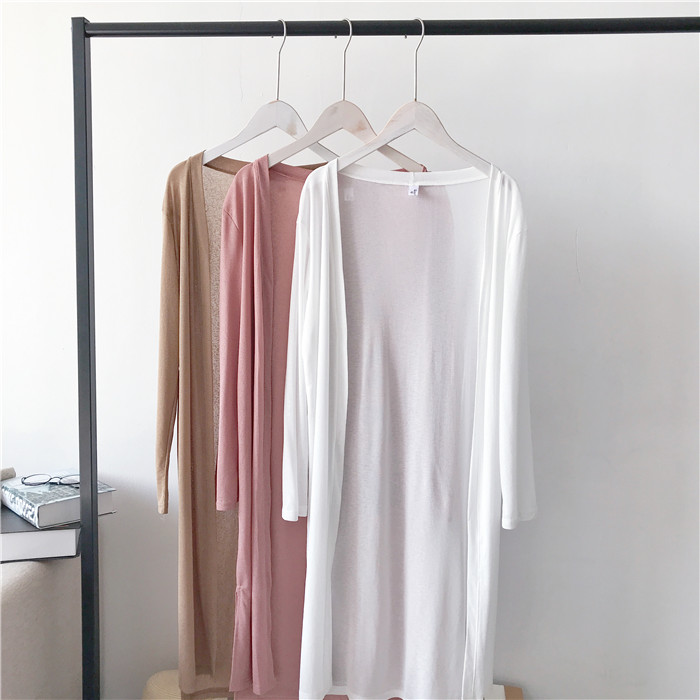 2018 mùa hè mới bên chia hem lỏng băng lụa đan áo khoác cardigan phần dài bên ngoài kem chống nắng mỏng áo choàng áo khoác len mỏng