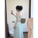 Летнее гибкое мятное трехмерное платье-комбинация, с открытой спиной