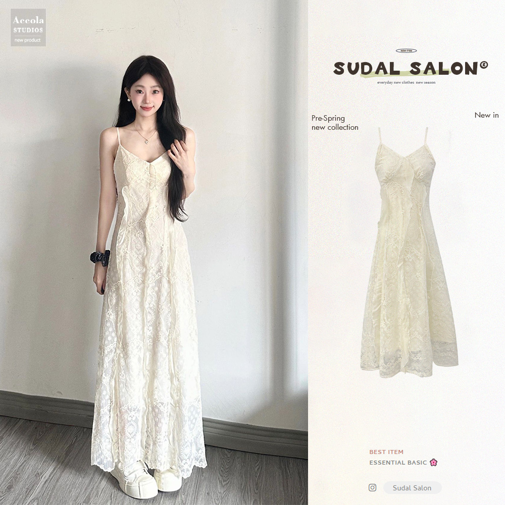 フレンチレースサスペンダードレスレディース服2025新しい夏の小さな優しいウエスト気質妖精ドレス