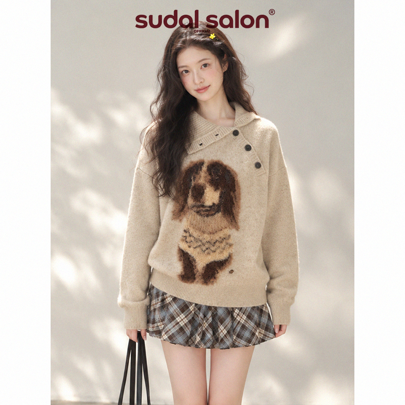 "Good Morning Little Sausage" Pullover Sweater for Women, Autumn and Winter, Retro Loose Lazy Style Knitwear with a Puppy Design
