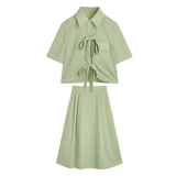 Цветная юбка, летний комплект, французский стиль, высокий воротник, широкая цветовая палитра, высокая талия