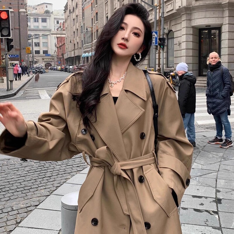 Women's Trench Coat 2025 New Style, Very Stylish, Oversized, Tall, Double-Breasted, Long, Elegant Khaki Coat