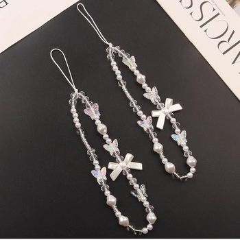 Diy mobile phone lanyard short female creative bow white pearl chain mobile phone case hanging chain accessories bag decoration