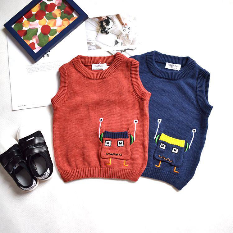 Children's cotton knitted vest male vest 2017 autumn new baby knitted woolen vest embroidery cartoon vest