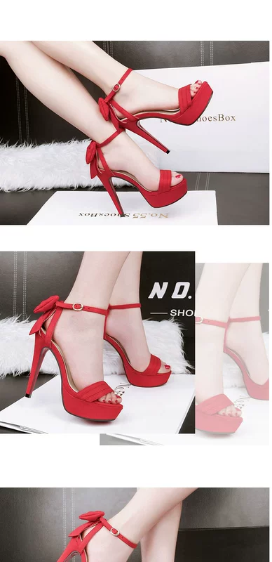 12CM từ với nền tảng không thấm nước dép hở ngón nữ mùa hè mới nơ stiletto công chúa mỏng siêu cao gót sandal nữ hàn quốc