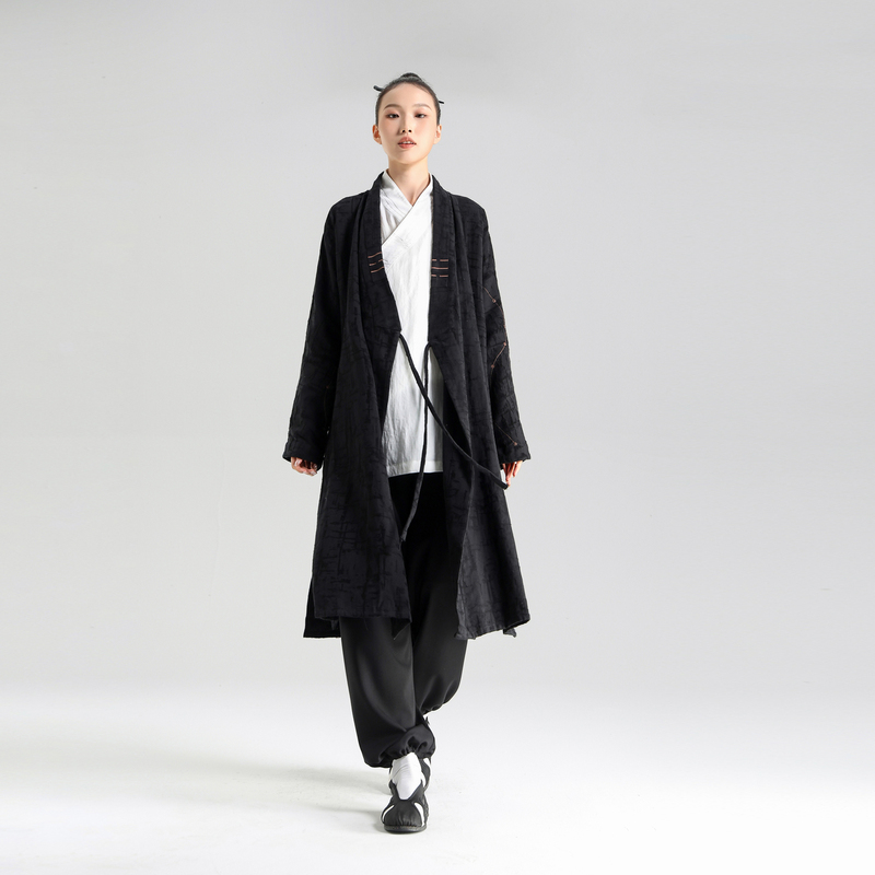 Yun Qingxuan Taiyi Autumn/Winter Style Black Linen Cotton Robe with Diagonal Collar, Unisex Long Robe, Taoist Clothing, Practice Uniform with Embroidery Yun Qingxuan Taiyi Autumn/Winter Style Black Linen Cotton Robe with Diagonal Collar, Unisex Long Robe, Taoist Clothing, Practice Uniform with Embroidery
