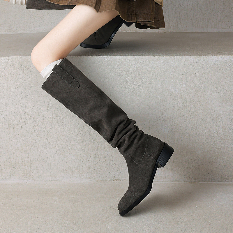Over-The-Knee Boots for Women, Autumn and Winter, Low Heel, Chunky Heel, Suede, Slouchy Long Boots, High Tube Riding Boots, Western Cowboy Boots