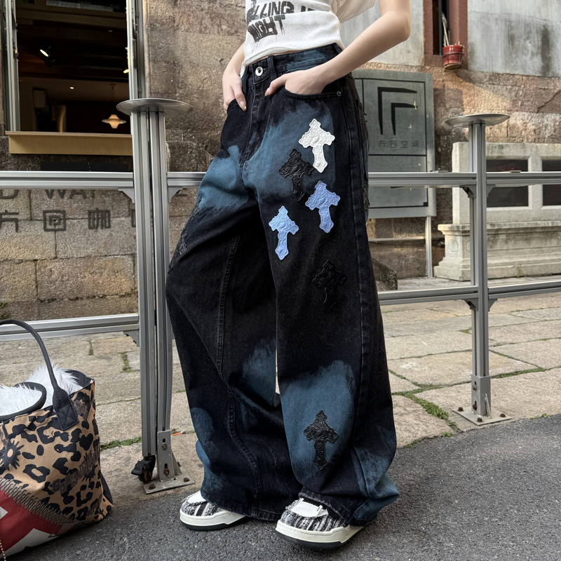 New Trendy Brand Loose Straight Black Washed Jeans
