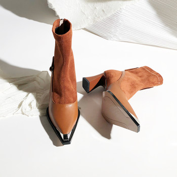 European and american metal square toe stitched back zipper fashion boots