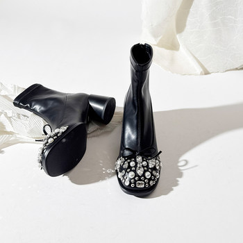 Elegant round toe short rhinestone bow stretch boots