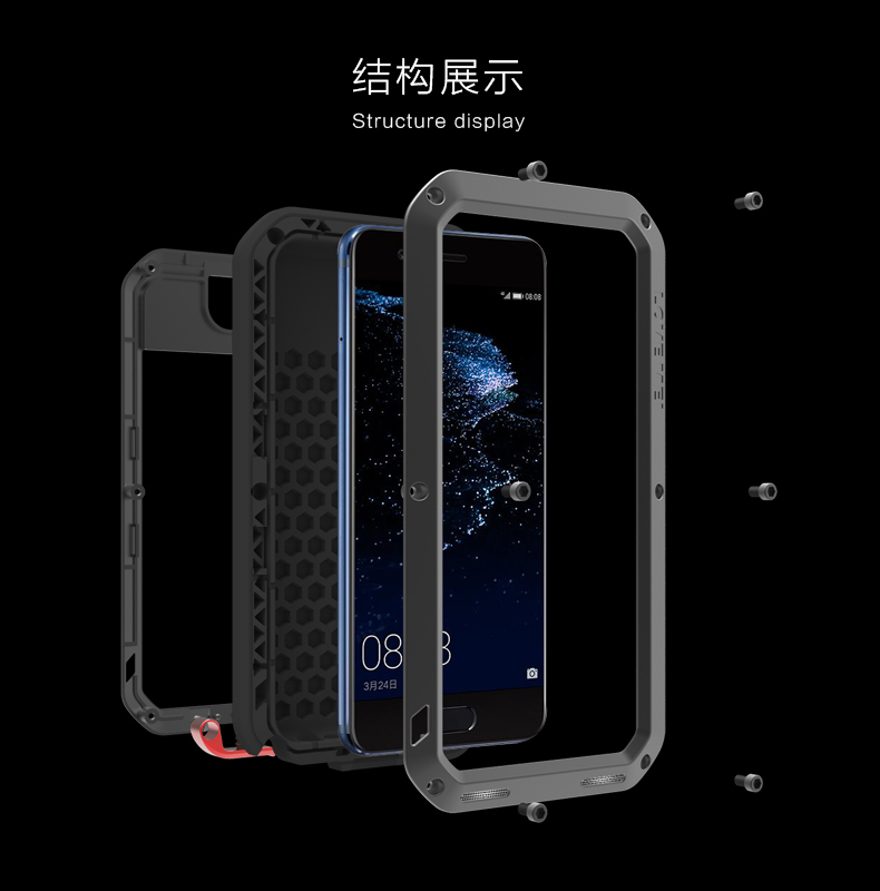 LOVE MEI Powerful Water Resistant Shockproof Dust/Dirt/Snow Proof Aluminum Metal Outdoor Heavy Duty Case Cover for Huawei P10