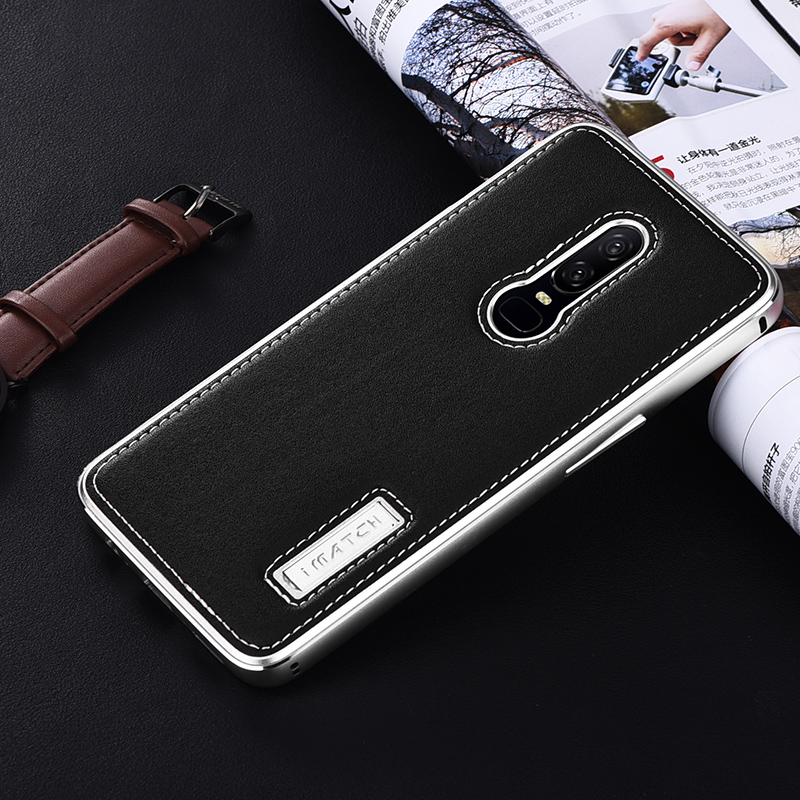 iMatch Luxury Aluminum Metal Bumper Premium Genuine Leather Back Cover Case for OnePlus 6