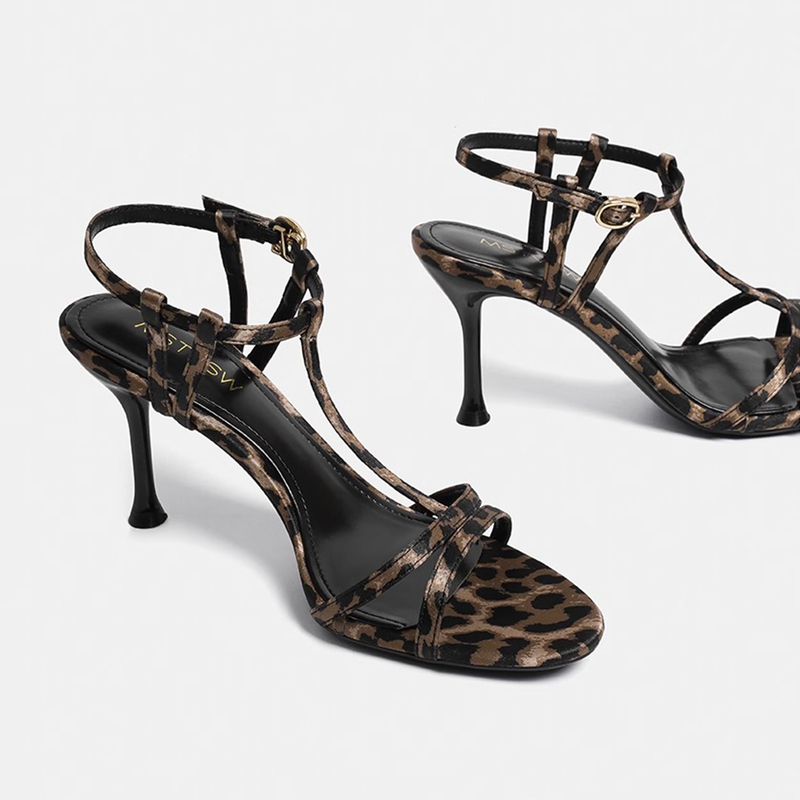 Michael Kimi French Leopard Print High Heels for Women 2026 New Summer One-Strap Elegant Stiletto Sandals for Women