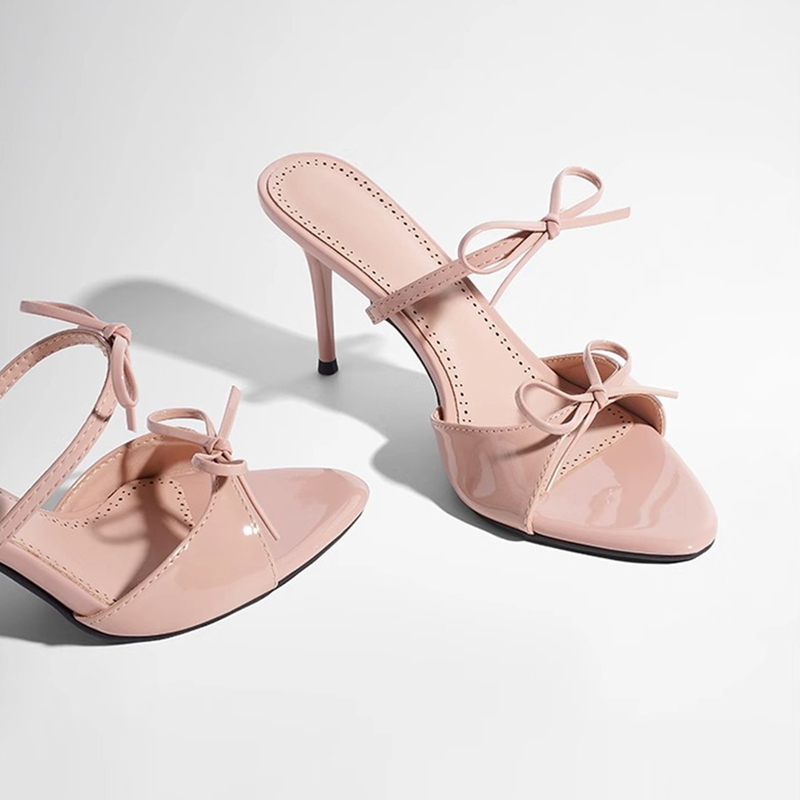 Michael Kimi Nude Color One-Strap Bow Sandals Women's Summer Stiletto High Heels Women's Summer High-Heeled Slippers