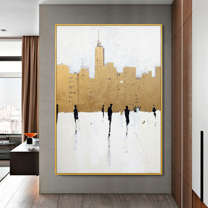 Pure hand-painted oil painting modern city gold leaf figure abstract hanging painting European-style American-style living room background porch decoration painting