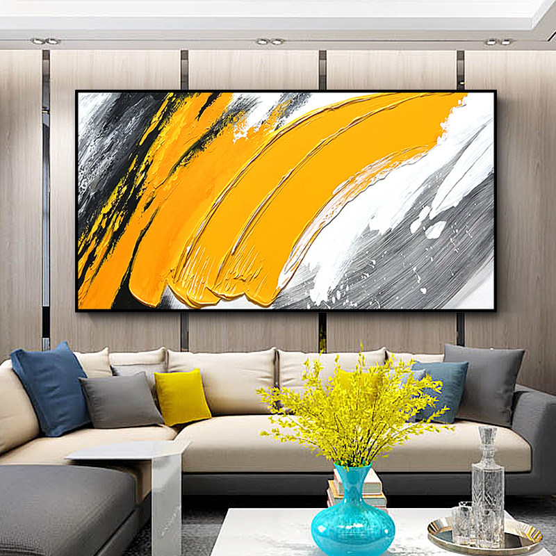 Hand painted oil painting light extravagant solid living room sofa horizontal version decoration painting modern minimalist yellow block abstract muscular hang painting