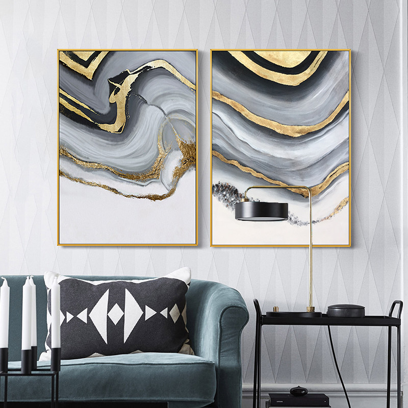 Hand painted oil painting hanging modern minimalist golden art living room Two couplets decoration painting Nordic American black and white abstract painting