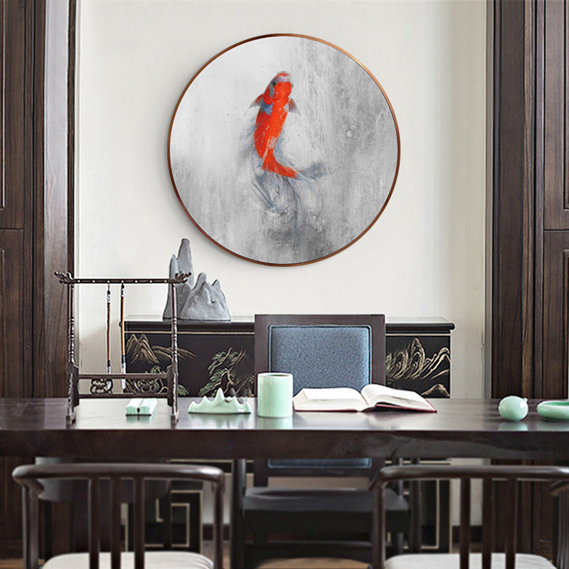 Pure hand-painted abstract oil painting year after year with fish round living room decoration painting New Chinese Xuanguan background wall light and luxurious painting