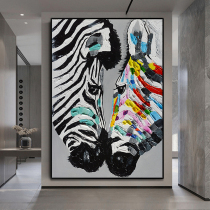 Pure hand-painted oil painting modern simple couple zebra entrance aisle hanging painting horse to Gongcheng Nordic vertical decorative painting