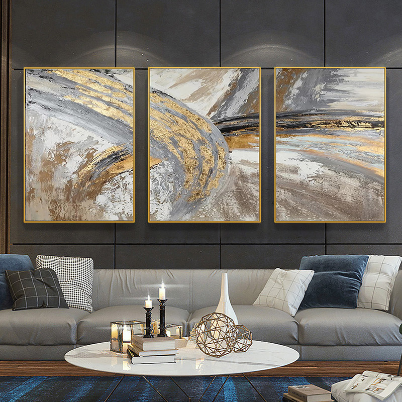 Hand-painted Abstract Oil Painting Triplex Living Room Decoration Painting Modern Minima American Light Lavish Gold Leaf Sofa Background Wall Hanging Painting