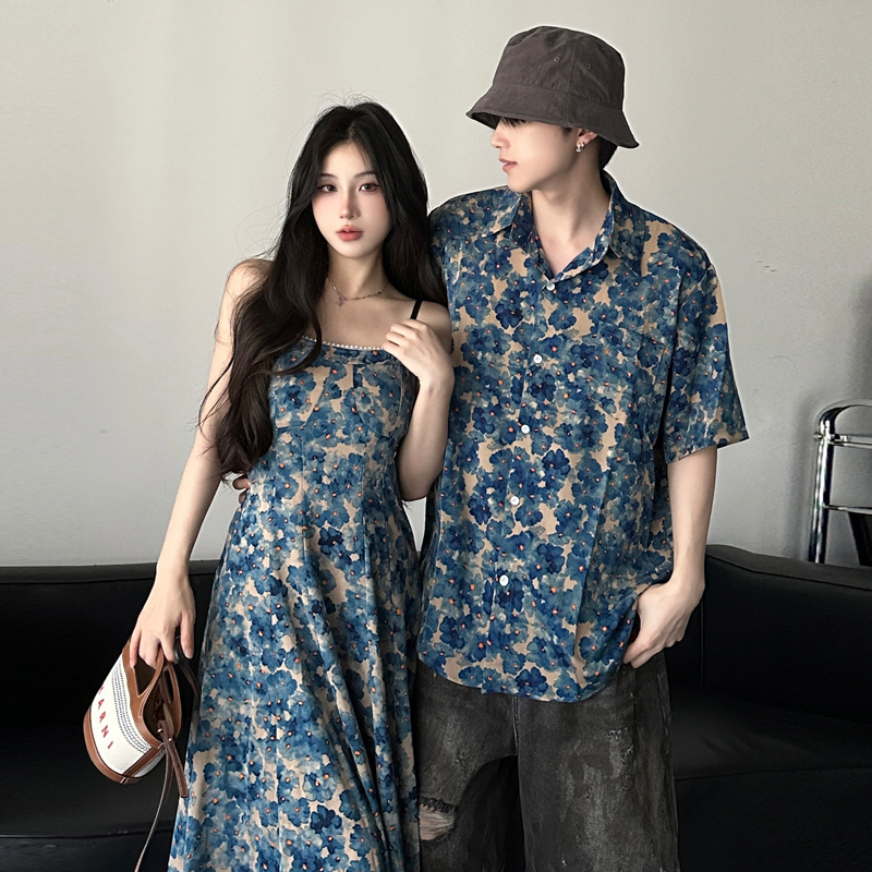 Couple Outfits for Summer, Hong Kong Style Retro Floral Shirts for Men, Hawaiian Vacation Slip Dresses, French Style One-Piece Dress