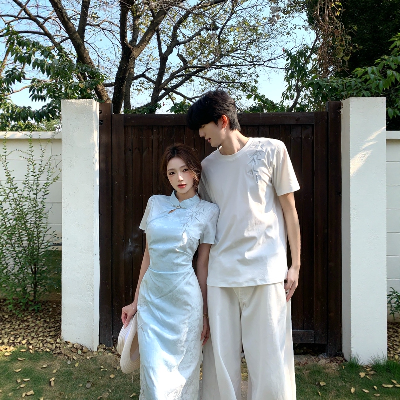 New Chinese-Style Couple's Short-Sleeved T-Shirt 2026 Summer High-End Elegant Slimming Cheongsam Dress One Top and One Skirt New Chinese-Style Couple's Short-Sleeved T-Shirt 2026 Summer High-End Elegant Slimming Cheongsam Dress One Top and One Skirt