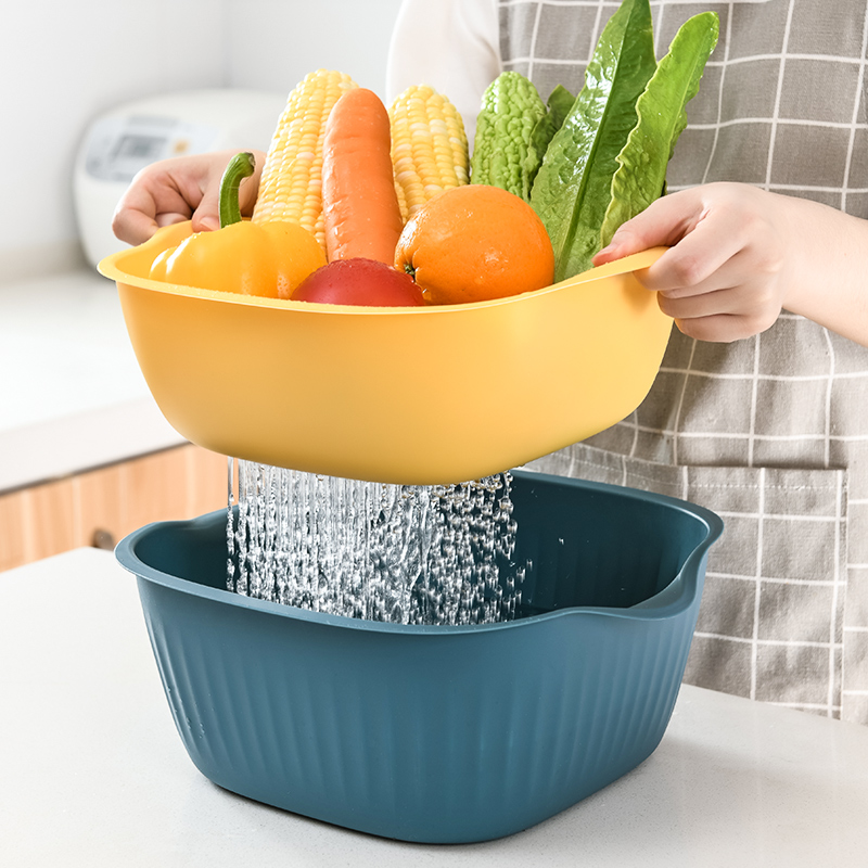 Double Layer Drain Basket Water Fruit Basket Wash Vegetable Basket Plastic Naughty Vegetable Basin Kitchen Basket Home Creative Wash Fruit Basin Nordic