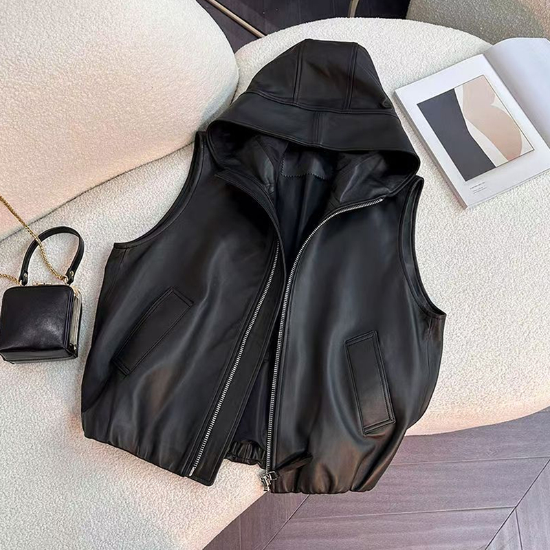 Hooded Leather Vest 2026 New Style This Year's Popular Hot Item Women's Autumn Loose Outerwear Fashionable and Elegant Pu Top