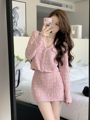 Розовый комплект, кардиган, юбка, в стиле Шанель, V-образный вырез, А-силуэт