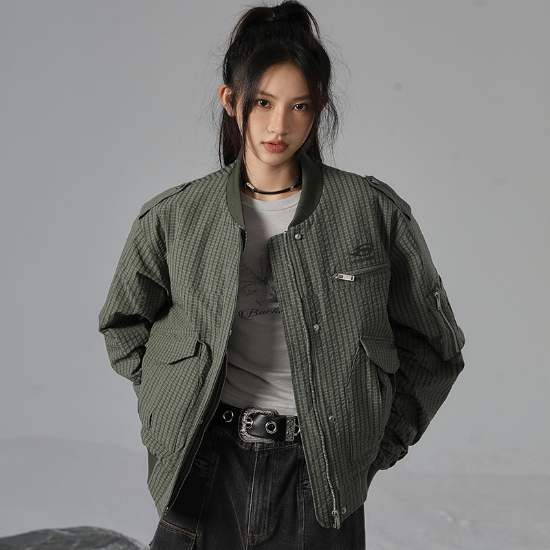Bkbr American Retro Baseball Jacket for Women, Padded and Thickened, Stylish Plaid Loose Flight Jacket for Winter