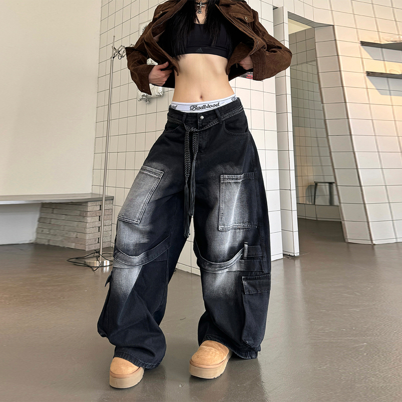 Spicy Hot Style American Retro Washed Distressed Patchwork Workwear Scimitar Jeans Unisex Loose Wide-Leg Floor-Length Pants