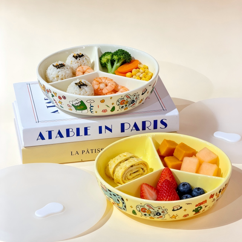 Graffiti-Style Divided Plate, Household Ceramic Steaming Dish, Low-Fat Tableware, Children's Breakfast Three-Compartment Plate, Weight Loss Steaming Bowl Graffiti-Style Divided Plate, Household Ceramic Steaming Dish, Low-Fat Tableware, Children's Breakfast Three-Compartment Plate, Weight Loss Steaming Bowl