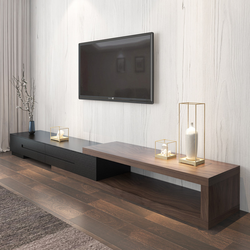 Post-modern light luxury Nordic simple TV cabinet tea table combination telescopic floor cabinet small apartment black walnut color TV cabinet