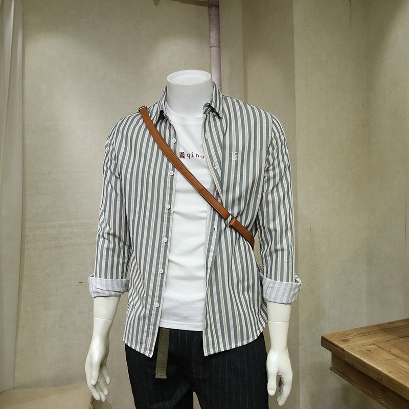 Contrast color vertical striped shirt men's long sleeve Korean casual men's color striped shirt men's inch shirt slim handsome tide