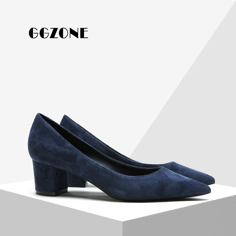 Dark Blue Suede High-Heeled Shoes for Women, Goatskin, 5cm Thick Heel, Medium Heel, Simple Professional Style, Small Pointed Toe, Single Shoe, 2025 New Model