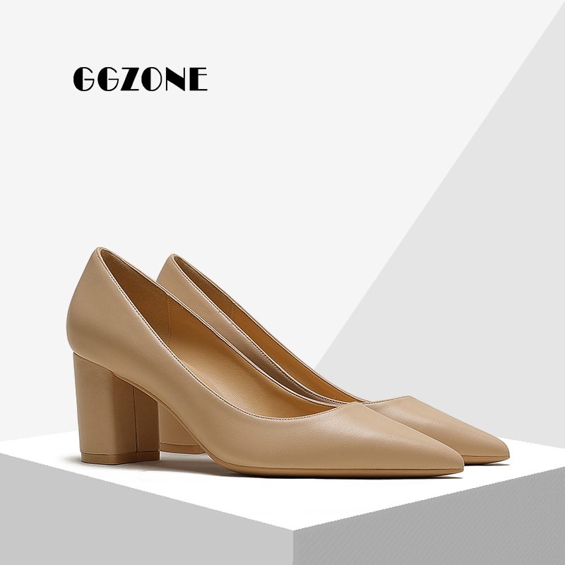 Nude Soft Leather High Heels for Women 2025 New Style Chunky Heel 6cm Professional Versatile Pointed Toe Shallow Mouth Comfortable Women's Shoes