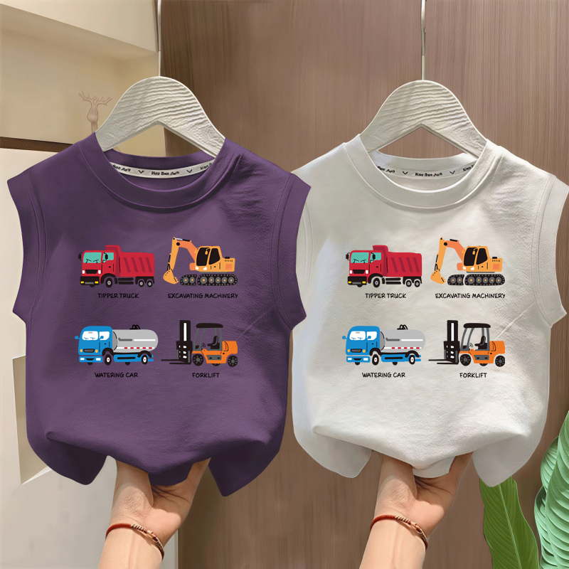 Children's Pure Cotton Sleeveless Vest 2026 New Model Boys and Girls Construction Vehicle Print T-Shirt Summer Casual Versatile Top Children's Pure Cotton Sleeveless Vest 2026 New Model Boys and Girls Construction Vehicle Print T-Shirt Summer Casual Versatile Top