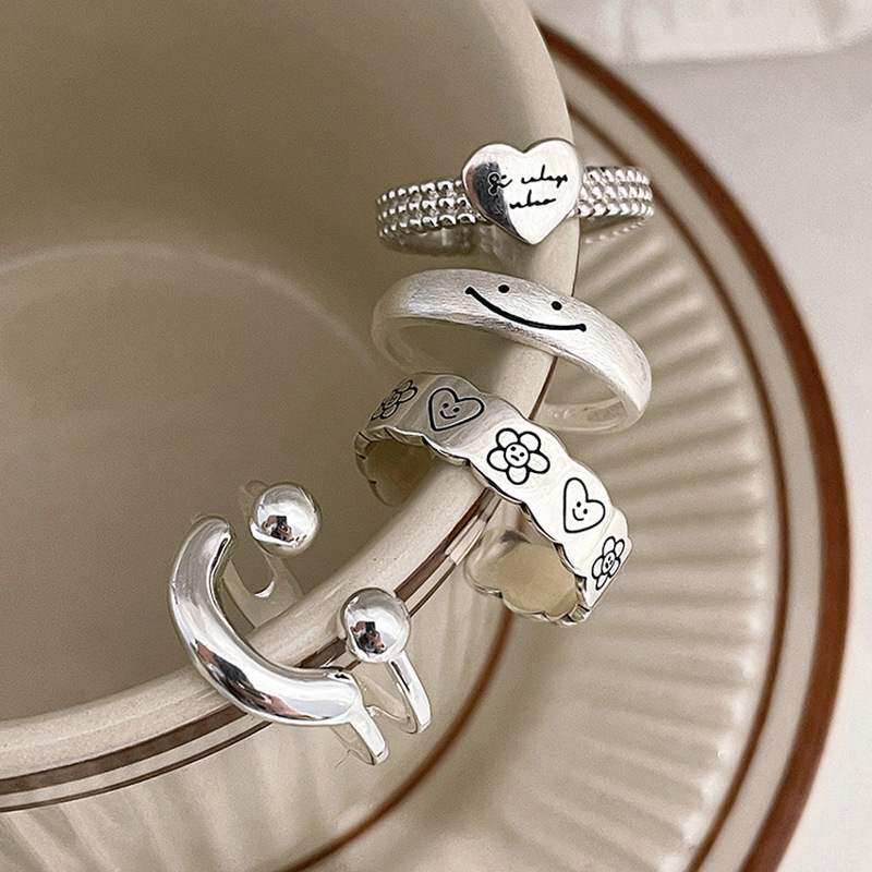 Sweet and cool smiley face graffiti smile ring for women versatile fashion personality temperament S925 silver open ring index finger ring trendy