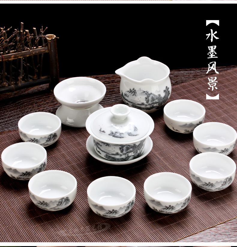 Bộ trà đặc biệt cung cấp Kung Fu bộ trà gốm tea cup set trắng sứ đặt màu xanh và trắng sứ cup nắp bát trà bộ