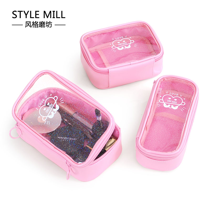 New Korean Version Cute Candy Color Transparency Makeup Bag Trumpet Carry-on Portable Makeup Travel Transparent Containing Bag