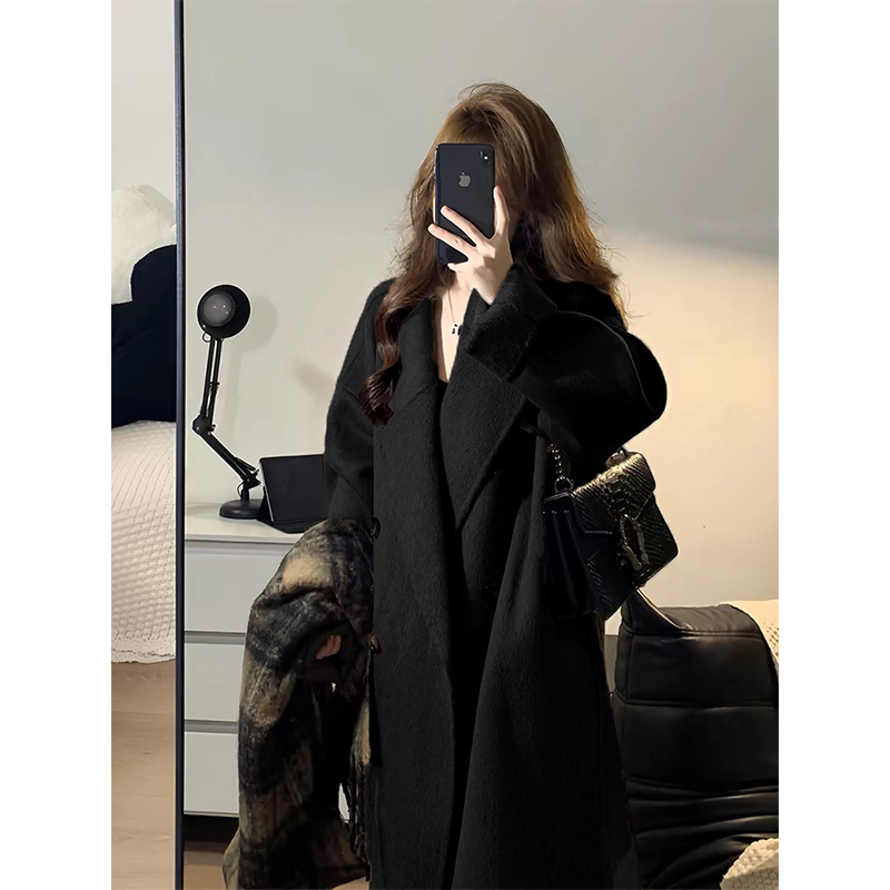 Black Wool Cashmere Coat for Women 2026 Autumn and Winter New Korean Style High-End Elegant Slim Woolen Coat Black Wool Cashmere Coat for Women 2026 Autumn and Winter New Korean Style High-End Elegant Slim Woolen Coat