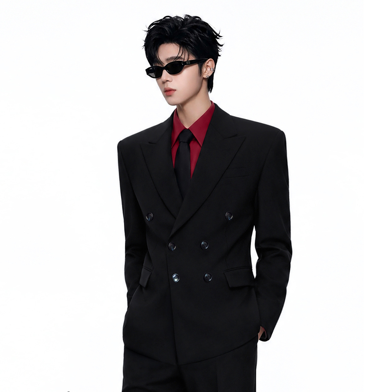 Yanjiestudio Black Notched Lapel Double-Breasted Business Banquet Performance Wide-Shoulder Waist-Cinching Suit Jacket