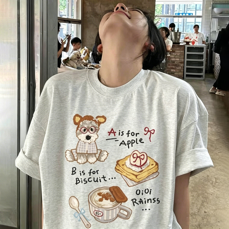 Yljzz Japanese-Style Cute Puppy Afternoon Tea Print Short-Sleeve T-Shirt for Women, Summer Loose Casual Student Half-Sleeve Top