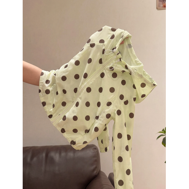 Summer Outdoor Lightweight Breathable Polka Dot Sun Protection Jacket for Women, American Style High-End Drawstring Hooded Sun Protection Top
