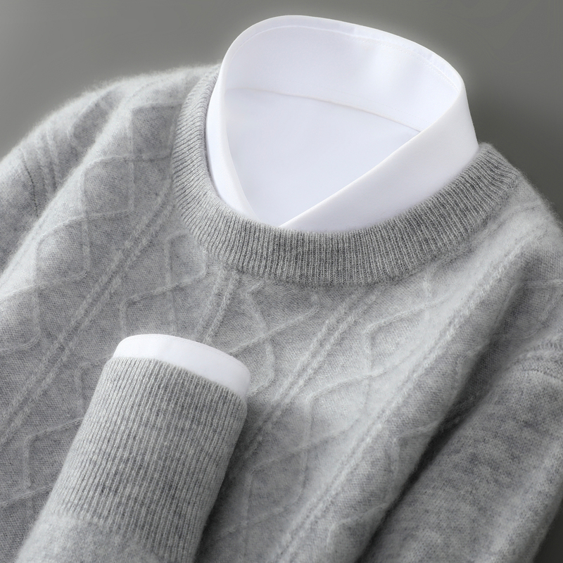 Mengjinjiao Thickened 100% Pure Wool Sweater Men's Round Neck Jacquard Pullover Sweater Casual Business Base Shirt