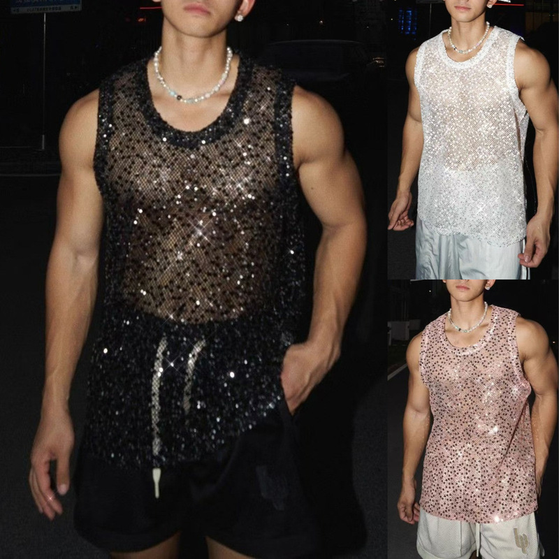 Men's Casual Hollow-Out Sexy Vest Men's Summer Sequin Shimmering Mesh Sleeveless Vest Top Hot Sale Trendy