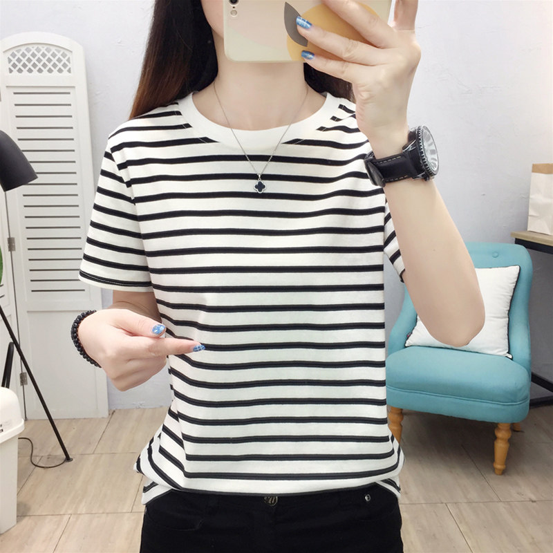 品牌折扣专柜撤回大码纯棉百搭显瘦洋气正肩条纹短袖t恤上衣女夏
